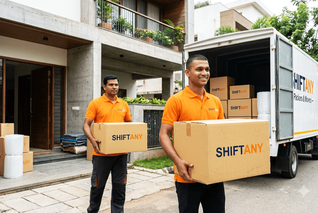 Professional movers packing furniture
